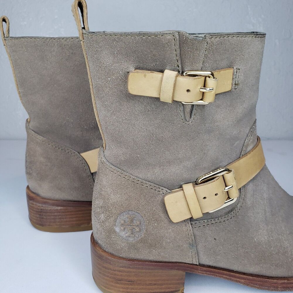 TORY BURCH Bennie Moto Engineer BootsTaupe Leather Double Buckle Ankle Size 7.5M - Picture 5 of 16